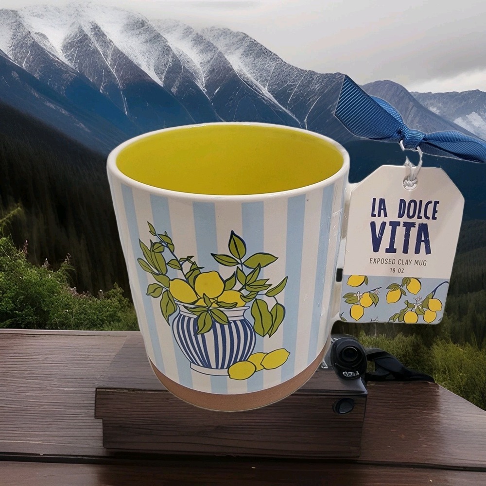 La Dolce Vita‎ - Lemons Planter Blue Striped 18oz Coffee Mug By Sunday Morning